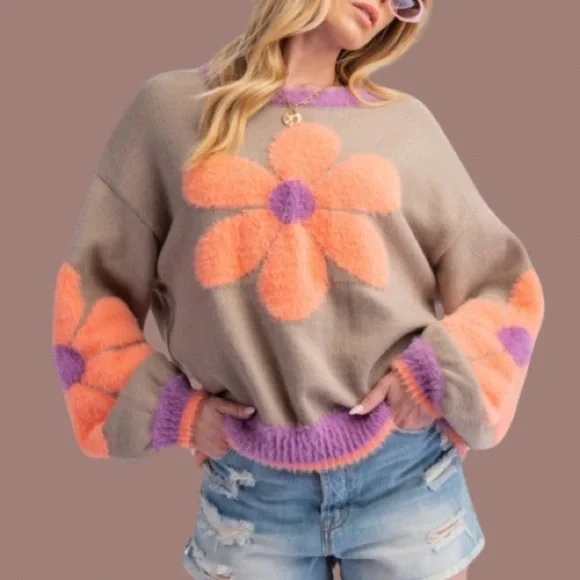 NEW Fabulous Boho Daisy Pattern Knit Relaxed Fit Pullover Sweater - Picture 5 of 5